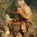 An old man and his dog seated by a road side